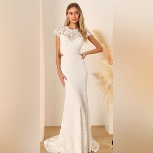 Lulus- Devoted to Bliss White Lace Cap Sleeve Cutout Trumpet Maxi Dress